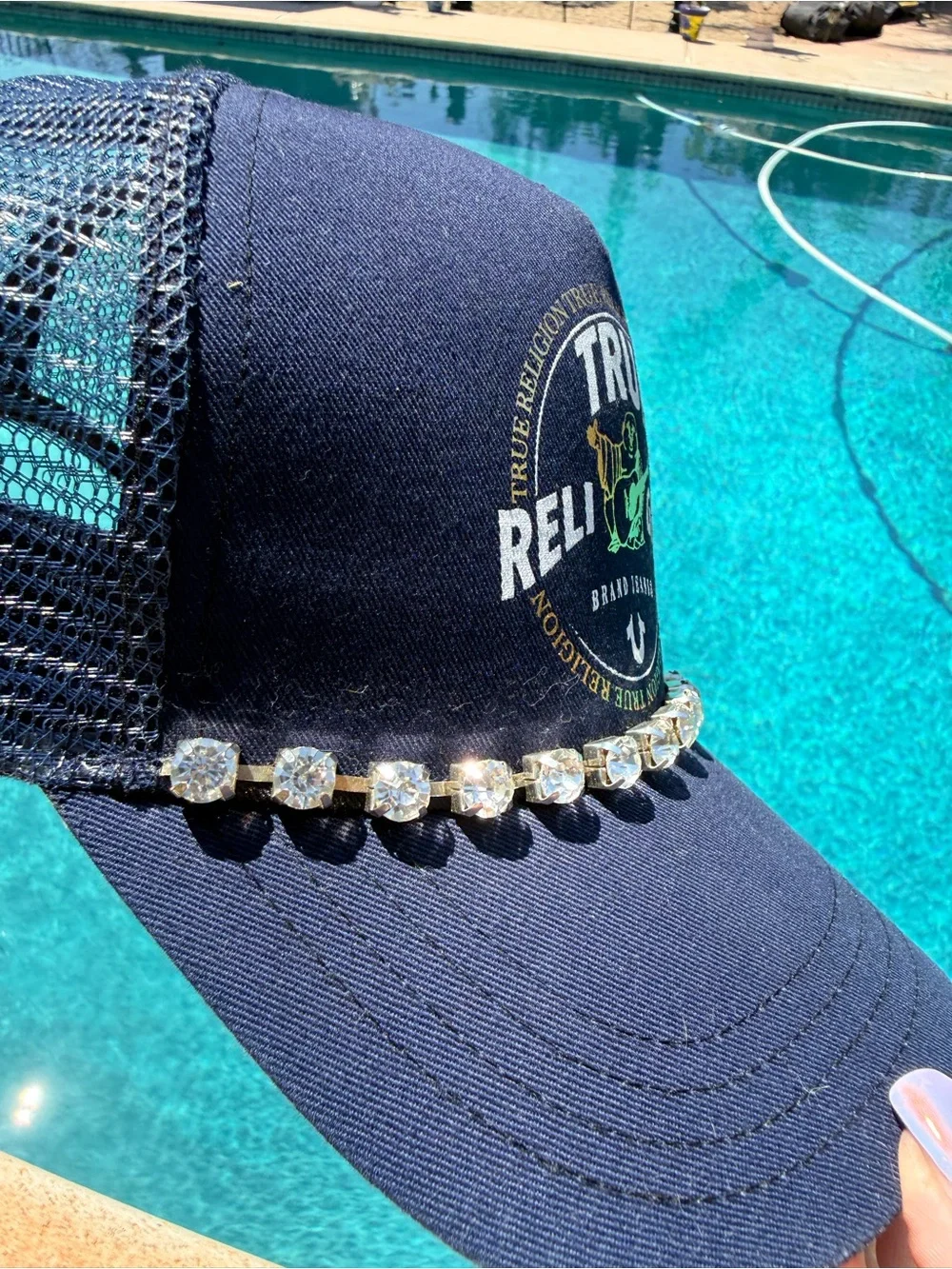 True Religion Navy Blue Logo Baseball Cap with Crystal Chain